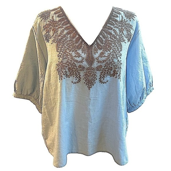 Blue Boho embroidered V-Neck top with balloon half sleeves 100% cotton sz L - Picture 1 of 10